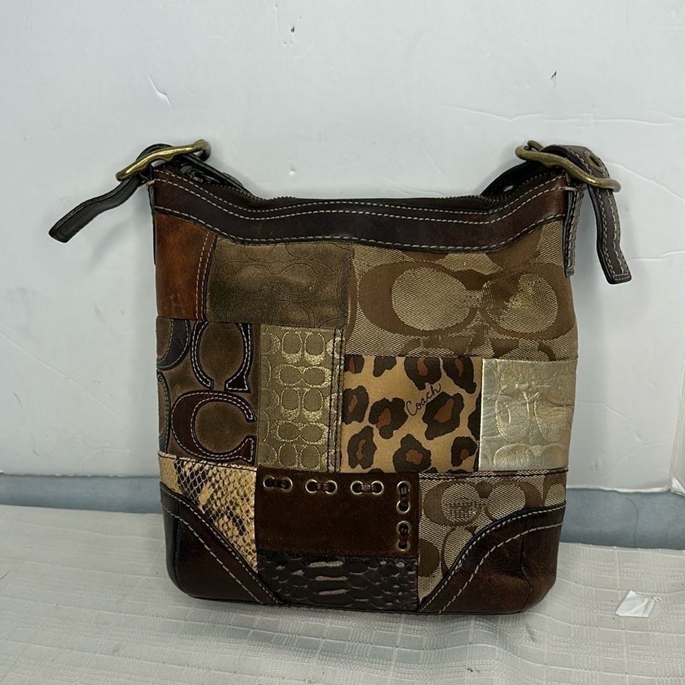 Vintage Coach Animal Print Patchwork Suede, Leather, Canvas & Velvet Hobo Bag